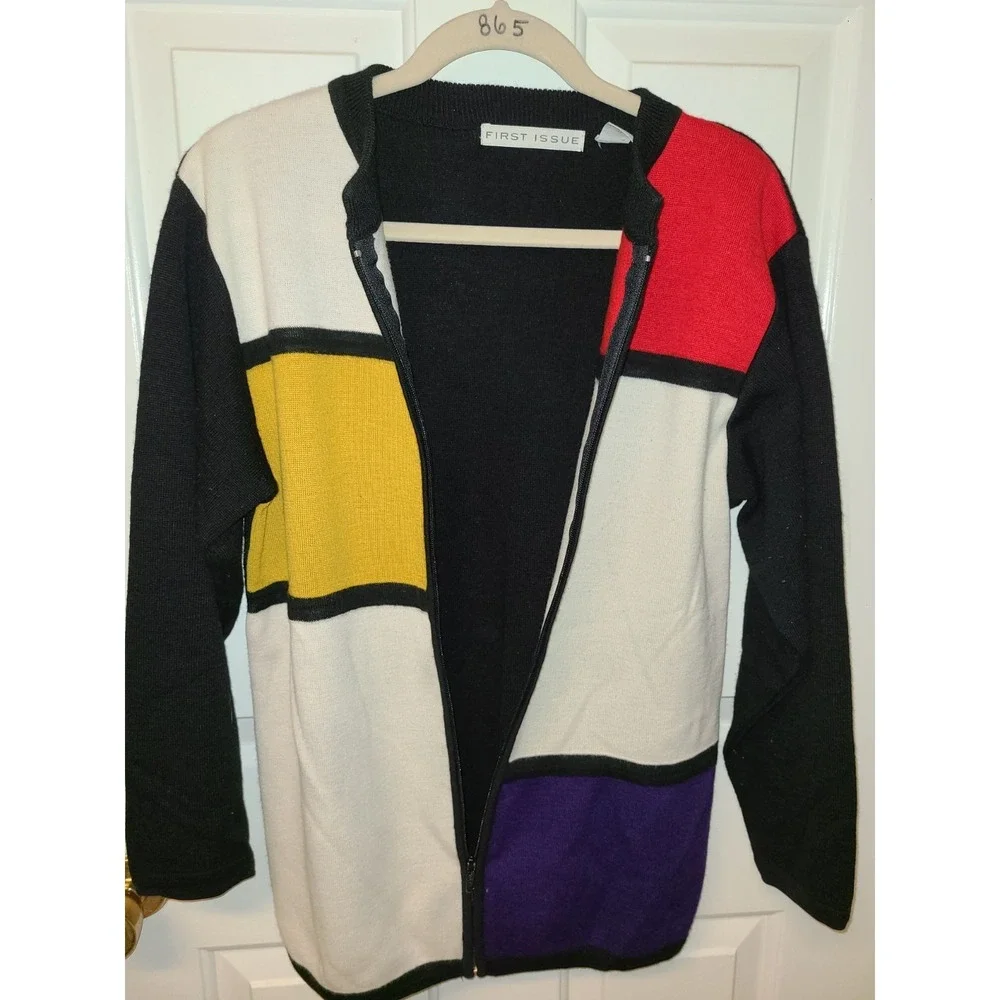 80s First Issue Womens Sz S Multicolor Block Stripe Zip Up Cardigan Sweater‎